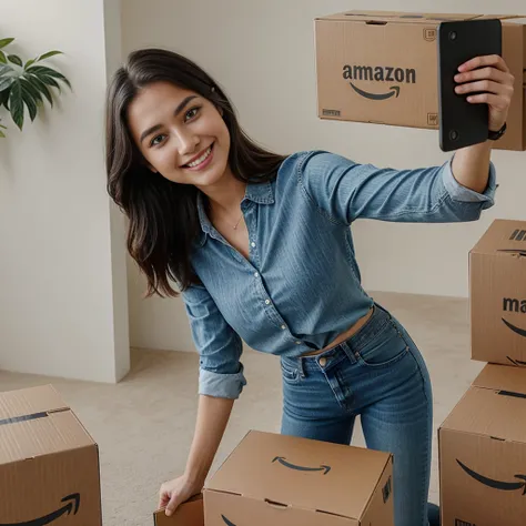  A young, smiling, and beautiful model is taking a selfie from above while holding an Amazon box in her hands. The box is slightly tilted to one side, clearly showing the Amazon logo. She is wearing a casual blouse and jeans, and the background is a bright...