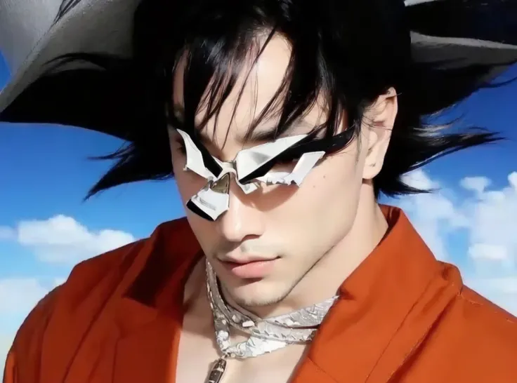 a man with light skin, black hair, black eyes, orange clothes