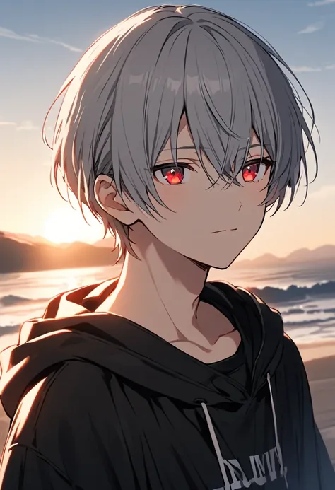 good looking, alone, 1 male, gray hair, red eyes, black shirt, black and white hooded, morning, white light,cute eyes,short hair...