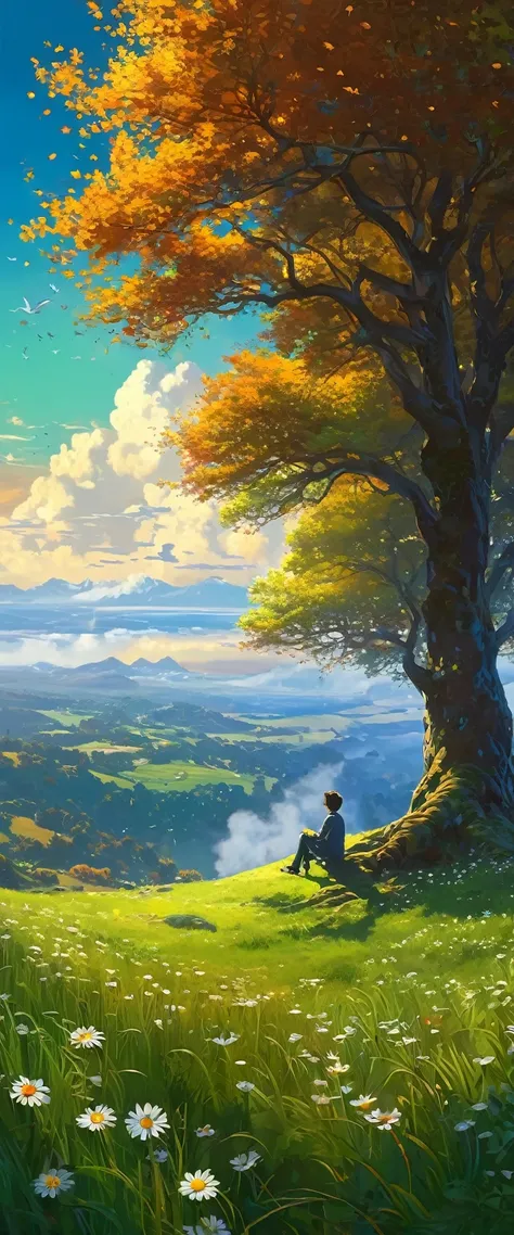  fondo de pantalla de arte anime 8 K, fondo animado art, Fondo De Pantalla De Paisaje De Anime, ANIME MASTERPIECE - Creates an image of a serene, sunlit rural scene in vibrant, detailed anime style. The scene is a boy sitting next to a tree in an autumn me...