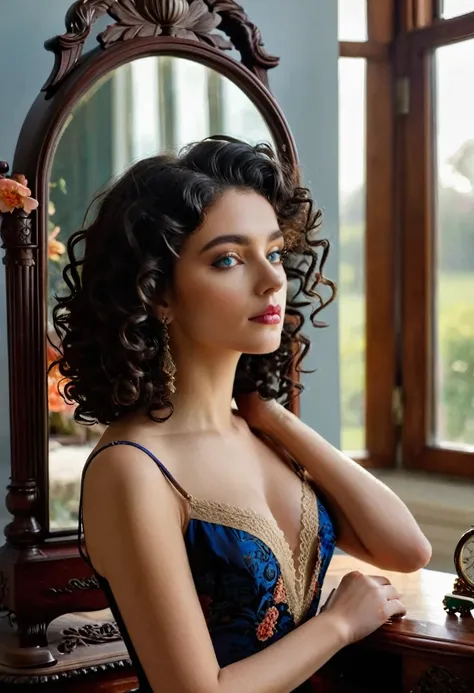 A beautiful woman, black curly hair, clear and expressive blue eyes, looks at her image in the mirror. In a mirror, with finely carved wooden frames, on a Victorian style dressing table, makeup objects, an antique clock and a music box, in a bedroom. She w...