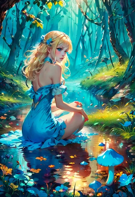 a beautiful 20 year old blonde woman with big messy hair in a blue dress, white stockings, black headband, cleavage, bending over to grab a glowing mushroom off the grassy forest floor, back shot, booty, fantasy art style, rossdraws cartoon vibrant, alice ...