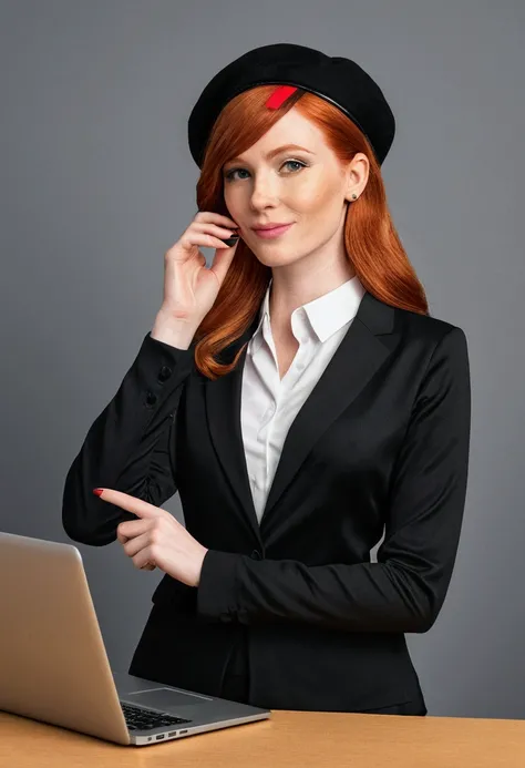 Create a friendly-looking human cartoon character, femina, redheadwear, Wearing a black shirt and black pants. It must have a modern and professional style, with a doubtful expression thinking about something with his hand below his chin. Add colorful deta...