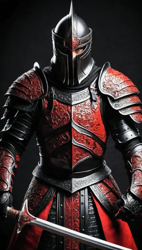 warrior,black and red armor,Holding a double sword.,Terrifying