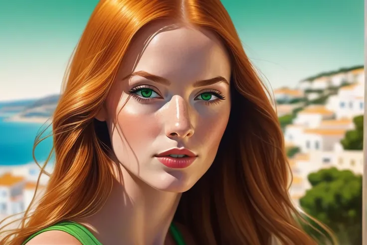 comic book art style, hyperrealistic, photorealistic, 32k, Algarve, Albufeira, Portugal, beautiful woman, straight long ginger hair, volumous upperlips, chin with little pit, green eyes
