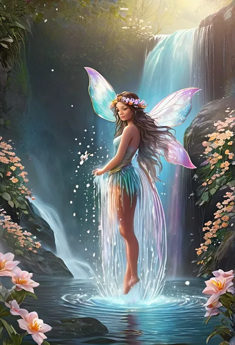 fairy girl,full body,((sensually bathing in a waterfall))sparkling water, waterfall,soft colors flowers,mist,fantasy illustration,perfect anatomy, highly detailed,work of art