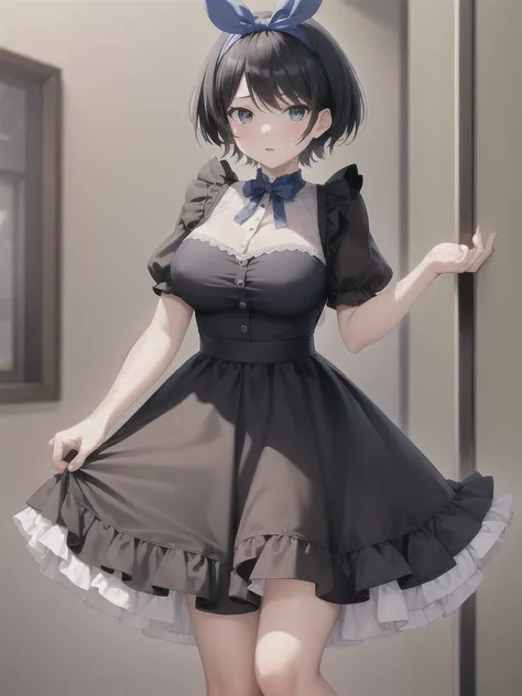 masterpiece, Highest quality, girl, maiis apron , Hair Ribbon, 
 (Mature Woman:1.3),  Large Breasts, 
short hair, Black Hair,  blue eyes , :is,
river, flower、The clothes are see-through
