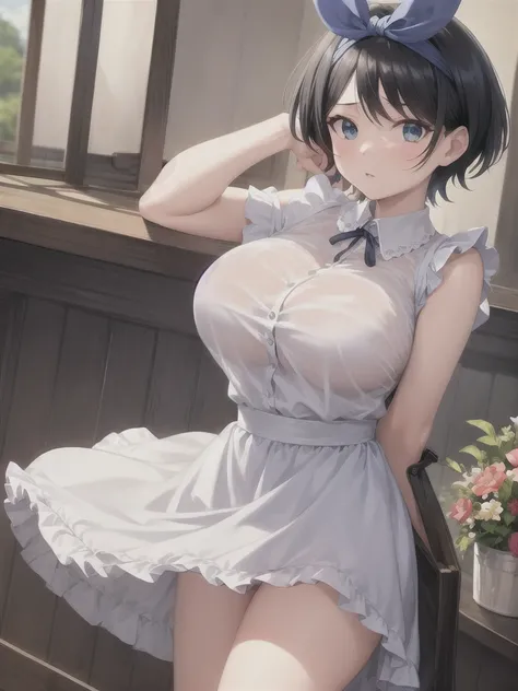 masterpiece, Highest quality, girl, maiis apron , Hair Ribbon, 
 (Mature Woman:1.3),  Large Breasts, 
short hair, Black Hair,  blue eyes , :is,
river, flower、The clothes are see-through
