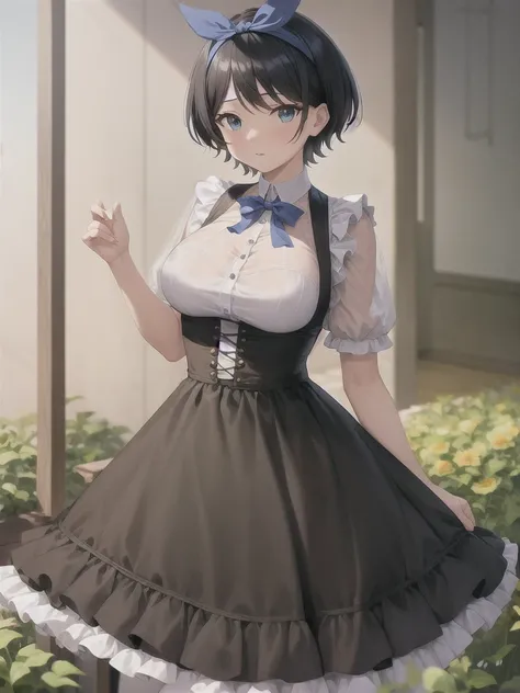 masterpiece, Highest quality, girl, maiis apron , Hair Ribbon, 
 (Mature Woman:1.3),  Large Breasts, 
short hair, Black Hair,  blue eyes , :is,
river, flower、The clothes are see-through
