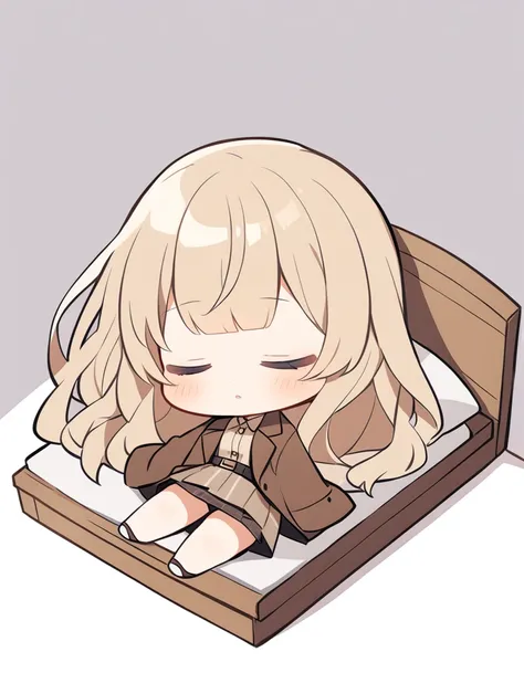 One girl, Beige hair、Long Hair、Bangs、Detective Suit、chibi,Light blue eyes、simple background、skirt、Brown clothes、Sleeping on a futon