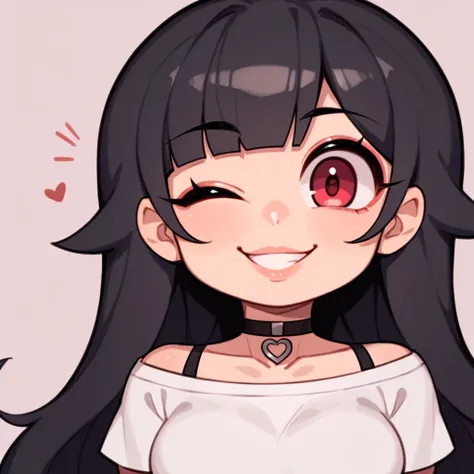 score_9, score_8_up, score_7_up, 1girl, smirk, wink, ((portrait)), ((curvy)), ((twitch emote)), (((cute face))), long hair, fluffy pink and black hair,big eyes,dark red  anime eyes, eyeliner, long lashes, soft and full lips, choker, jewelry, crop top, (Jel...