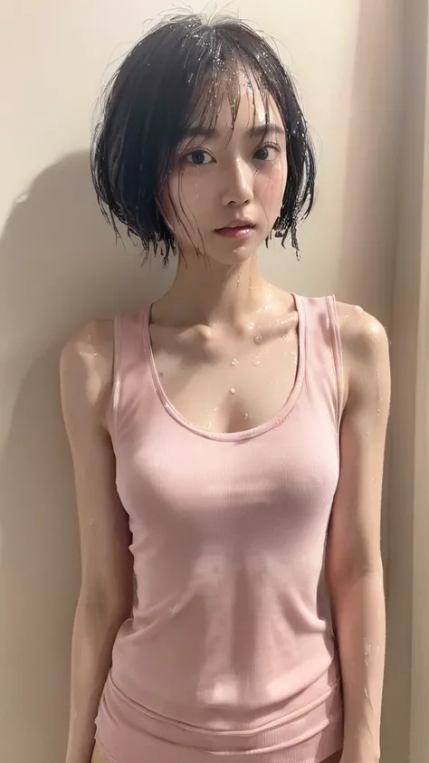 ((Top Quality, 8k, Masterpiece: 1.4)), japanese woman, ((blush, very short bob cut, skinny:1.2)), ((30 years old:1,2)), ((looking at viewer:1.4)), full body, ((wet white tanktop:1.3))