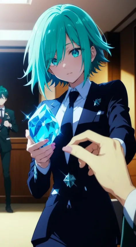 anime characters in a room with a woman holding a glass, An anime drawing inspired by Munakata Shikō, trend on pixiv, glass cubism, anime land of the lustrous, Today&#39;s featured anime still., with the index finger, elegant anime key visual, Mikudayo, De...