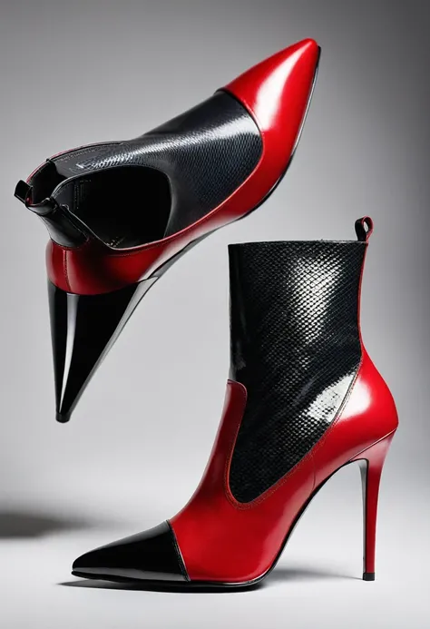 A pair of leather ankle boots. Red leather. Black ombre toe. black carbon fibre stiletto heels 