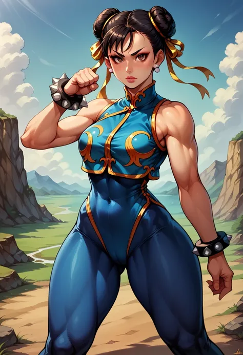 score_9, score_8_up, score_7_up, BREAK, score_9, 1girl, chun-li (street fighter), black hair, brown eyes, makeup, eyelashes, short hair, breasts, looking at viewer, fighting pose, lips, alpha_costume, blue bodysuit, blue leotard, blue vest, sleeveless, cow...