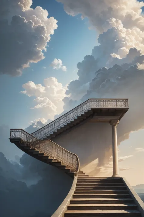 staircase made of clouds with a door at the end, seen from a side angle, cloud texture, oil painting style, cloud tones