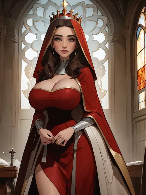 Gorgeous and sultry busty athletic (thin) brunette queen with sharp facial features wearing a dark red medieval dress, long sleeves, wide neck, crown, veil, long dress, modest dress, tight bodice, silver waist chain, medieval jewelry, Middle Ages, castle, ...