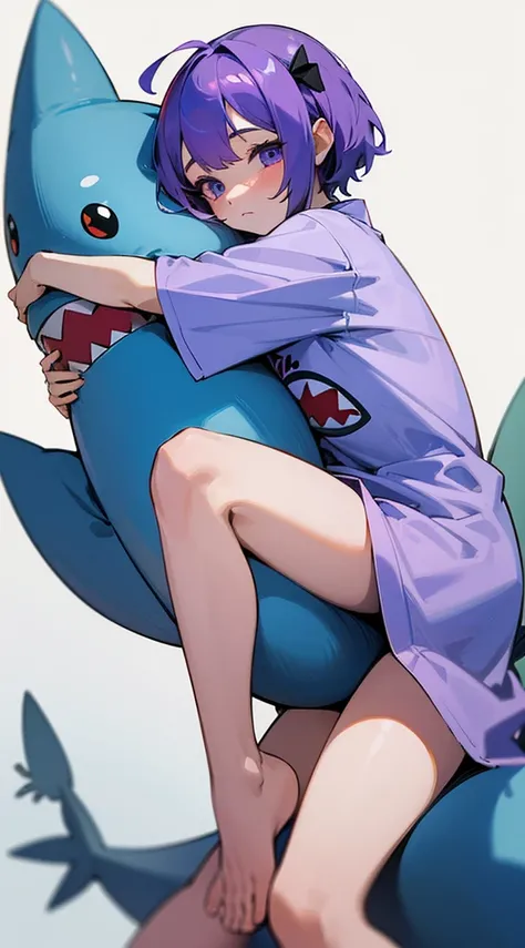 Top Quality, 8K, 4K, High Definition, Detail, (better-quality, 8K, 12), top-quality, 1 girl, purple short, sit down, hugs a shark pillow, wearing a shark PJ,
