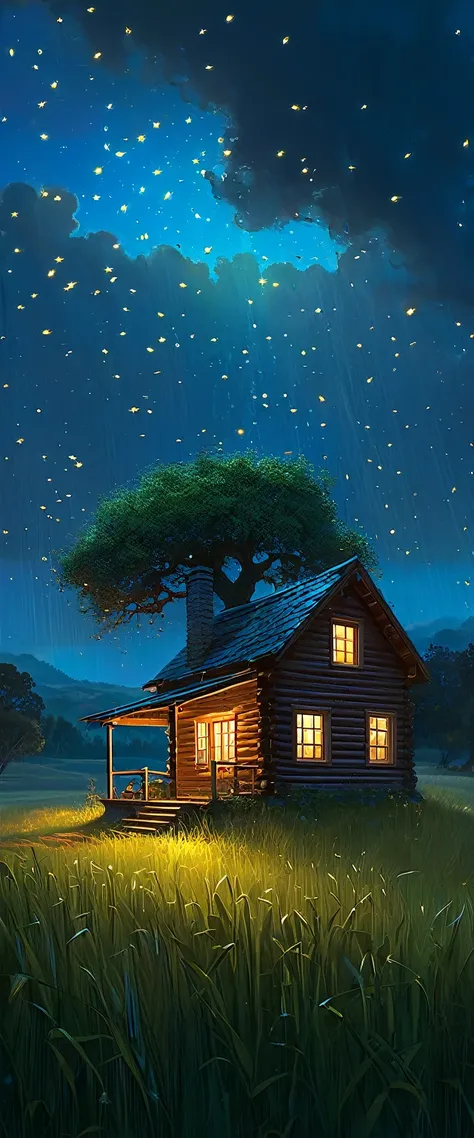 that animerealistic scene of a cabin under a tree, in a field of short grasses, that night with fireflies coming out of the pasture, Raining, ULTRA Style Kilian Eng and Thomas Kinkade, Rob Gonsalves and Tim White , silvain sarriel. Rhads and Thomas Kinkade...