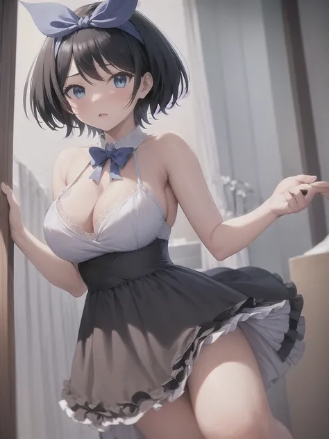 masterpiece, Highest quality, girl, maiis apron , Hair Ribbon, 
 (Mature Woman:1.3),  Large Breasts, 
short hair, Black Hair,  blue eyes , :is,
river, flower、Completely naked