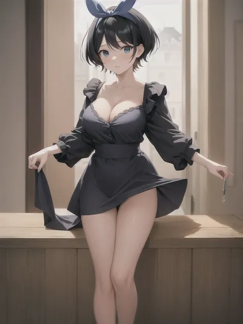 masterpiece, Highest quality, girl, maiis apron , Hair Ribbon, 
 (Mature Woman:1.3),  Large Breasts, 
short hair, Black Hair,  blue eyes , :is,
river, flower、Completely naked