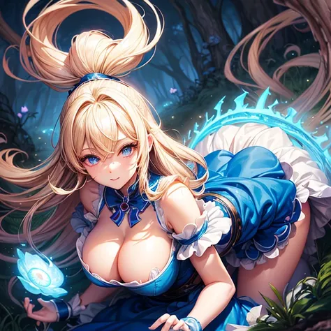 a beautiful 20 year old blonde woman with big messy hair in a blue dress, white stockings, black headband, cleavage, bending over to grab a glowing mushroom off the grassy forest floor, back shot, booty, fantasy art style, rossdraws cartoon vibrant, alice ...