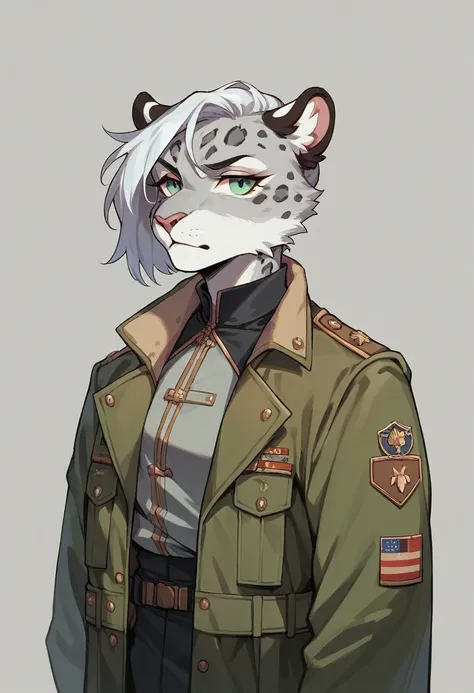 Snow leopard with eyeliner in a green M65 military jacket