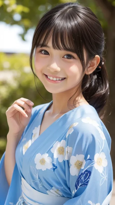 11 year old girl　Japanese　Light blue yukata　Realistic Skin　very cute smile