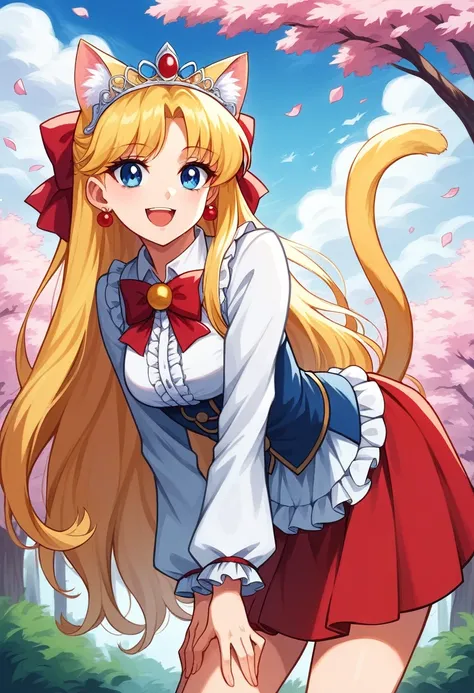 (masterpiece, best quality, very aesthetic, ultra detailed), intricate details, 4k, aavenus, long hair, blonde hair, hair bow, tiara, earrings, blue eyes,frills, lolita collared shirt, white and orange pleaded skirt, cat ears, cat tail, smile, open mouth, ...