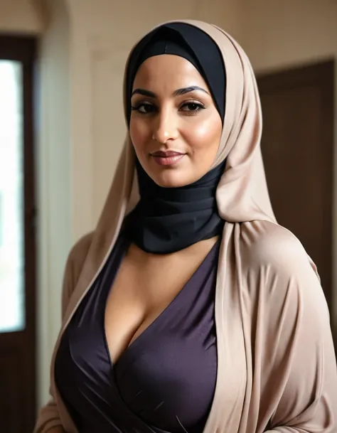 Fair and beautiful ,stunning ,curvy 40 year old Arab Muslim woman wearing a beige hijab showing top part of hair near forehead and dark puce abaya frock showing cleavage low neckline in depth of field apartment interior background 