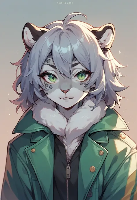 Snow leopard with eyeliner in a green M65 jacket