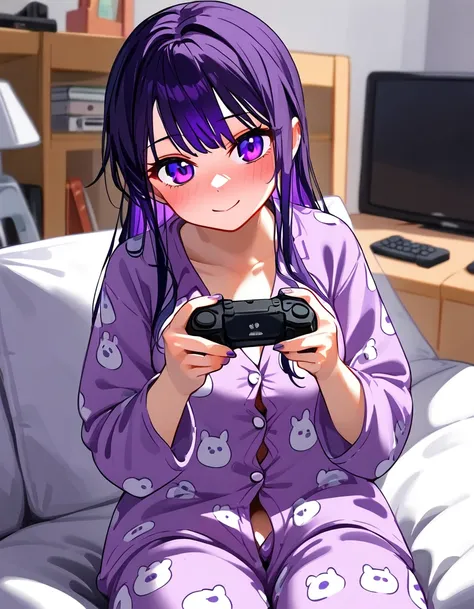 cartoon of a woman sitting on a couch playing games, hairy pajamas pov, sexy high resolution commission, full art illustration, perfect art, sfw version, commissioned art, full color illustration, oc commission, digital illustration, purple robes. anime, a...