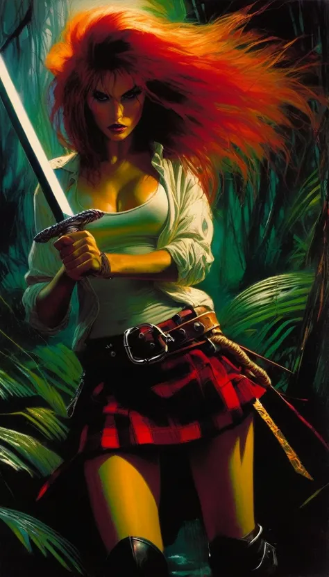 girl and her tiger sabertooth pet, sexy girl, long red hair, punk look, plaid miniskirt, rope belt, tight t-shirt, with a sword, threatening in a thick jungle,oil painting, chiaroscuro, sensual, dramatic lighting, moody atmosphere, dark and brooding, expre...