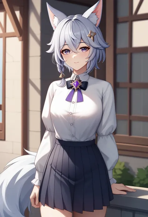 (masterpiece, best quality:1.2)((silver white hair))((violet eyes)),solo,1girl,((eyes tilted outwards)), ((close up photo)), mature_female, milf, animal_ears,averting_eyes,standing_fox_ears,fluffy_fox_tail,hair_between_eyes,basic_blue_hairpin,short_hair, b...