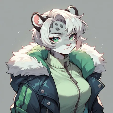 Snow leopard with eyeliner in a green M65 jacket