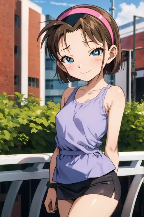 ayumiyoshida, , blue eyes, short hair, brown hair, bangs, hairband, , smile, ,,,outdoor,small breasts,,,miniskirt,(((gyaru)))