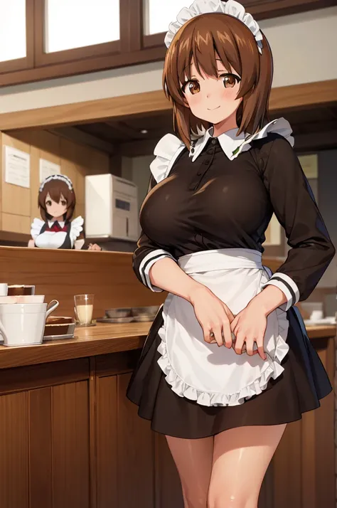 1girl, solo, girls und panzer, nishizumi miho,  brown eyes, brown hair, short hair, (maid uniform:1.4),closed mouth,happy,indoors, cafe ,huge breasts