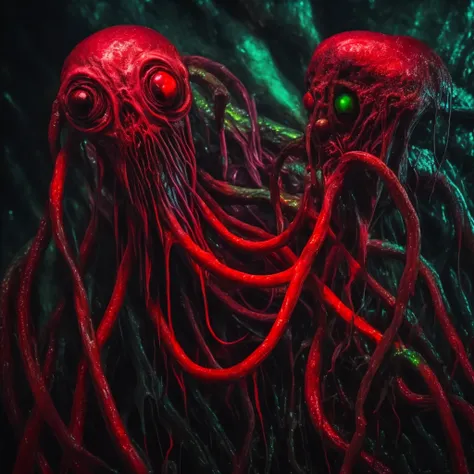 a slime humanoid, full length, red eyes all over the body, long tentacles, sharp teeth, Lovecraft aesthetics