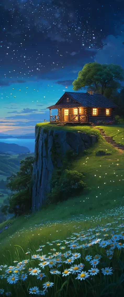 masterpiece, UTRA HD, 8k ,FULL anime-realistic scene of a cabin under a tree, on the edge of a cliff, a field with daisy flowers, that serene night, quiet, , with some small fireflies emerging from the grassland,ULTRA Style Kilian Eng and Thomas Kinkade, R...