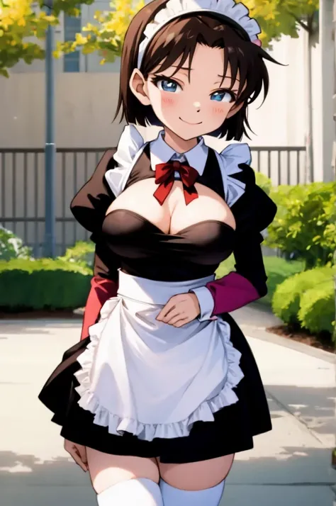 ayumiyoshida, , blue eyes, short hair, brown hair, bangs, hairband, , smile, ,,,outdoor,medium breasts,,(((maid costume))),miniskirt,big breasts