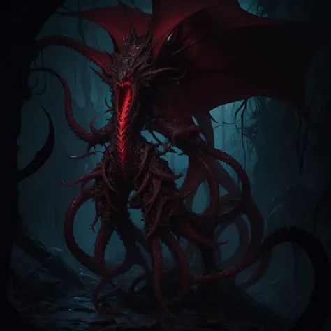 a slime humanoid, full length, red eyes all over the body, long tentacles, sharp teeth, Lovecraft aesthetics