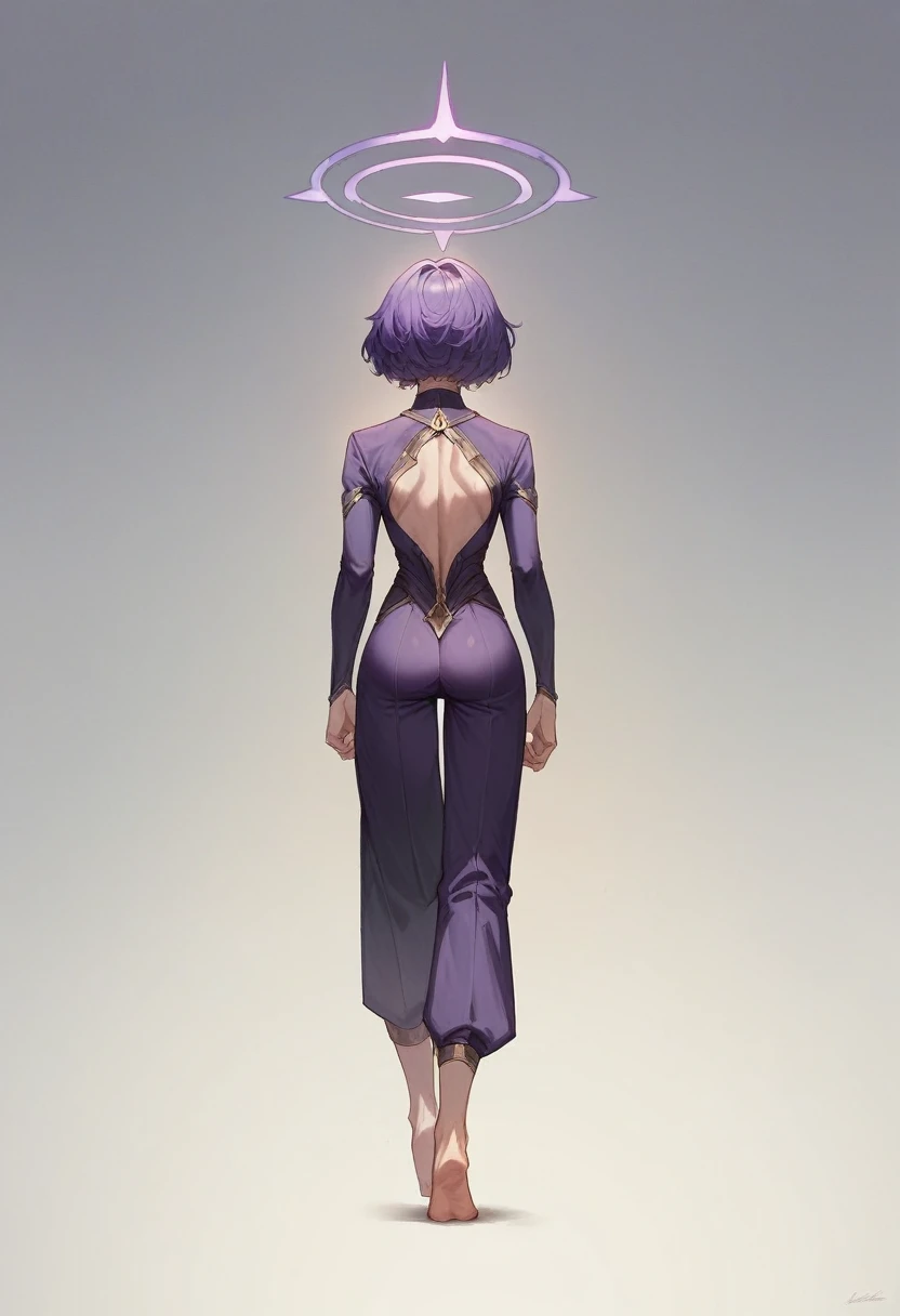 1 girl, goddess(gallant, purple short hair, deep purple suit), barefoot, halo, back viewing, standing,