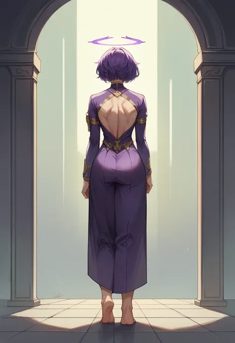 1 girl, goddess(gallant, purple short hair, deep purple suit), barefoot, halo, back viewing, standing,