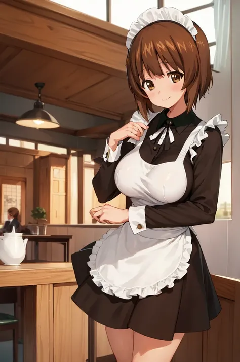 1girl, solo, girls und panzer, nishizumi miho,  brown eyes, brown hair, short hair, (maid uniform:1.4),closed mouth,happy,indoor...