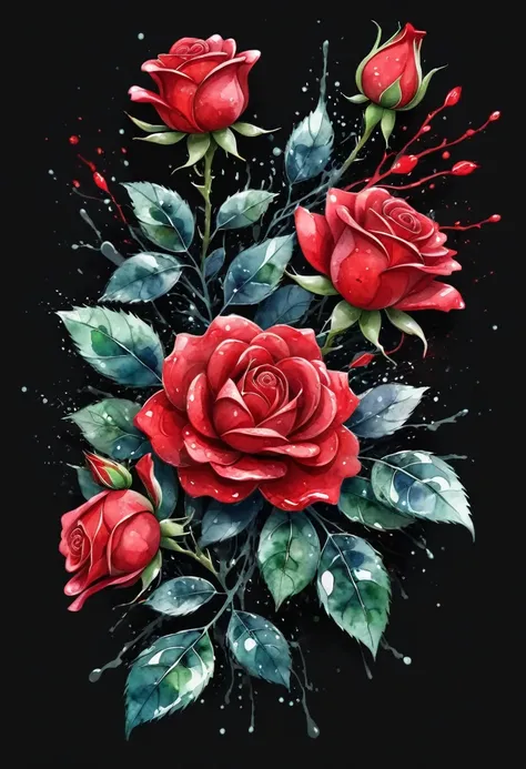 create a t-shirt designs, 3d water colour splashes branch with big red rose flowers and leaves, illustration, 3d render, vibrant...