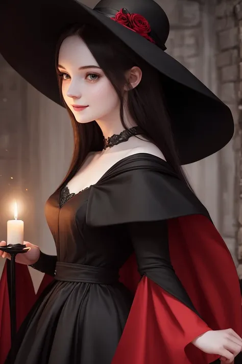 ((best quality)), ((masterpiece)), (detailed), gloomy young woman with pale white skin, hiding her face with a black hat, smiling mischievously, with a blooming red glow coming out of her eyes. with a black dress with a long black skirt, holding this same ...