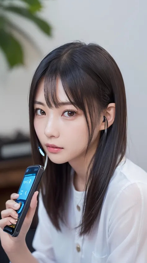 1 Female,((One girl,(handling smartTelephone:1.2)),(Eyeing Smart_Telephone:1.5),((16 years:1)),  face front:1.5,((shoot_from_front:1.5)), 10 generations, Very young,純真なbeautiful少女たち, Idol&#39;s face, Delicate girl:1, (Ankle socks:0.8),(Tunic blouse:1.0), (...