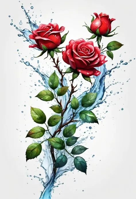 create a t-shirt designs, 3d water colour splashes branch with big red rose flowers and leaves, illustration, 3d render, vibrant...