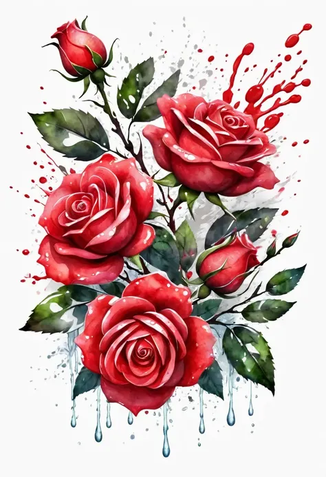 create a t-shirt designs, 3d water colour splashes branch with big red rose flowers and leaves, illustration, 3d render, vibrant...