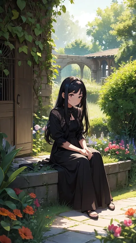 A girl sitting in a magnificent garden bathed in moonlight,with her black and shiny hair dressed in clothes from the last century, a young man watches her from his hiding place behind some bushes, In the beautiful garden there is an old well with a rusty b...